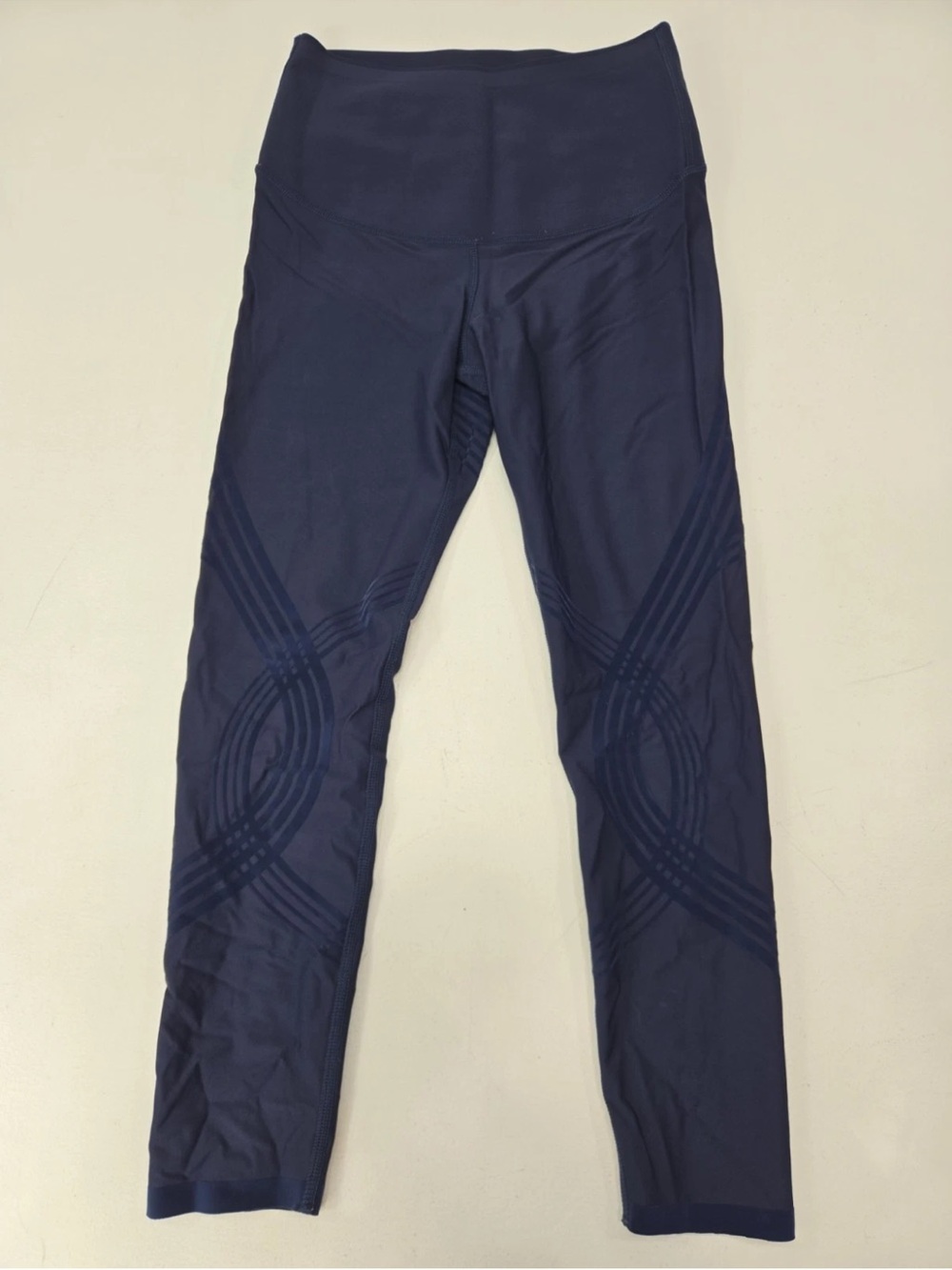 Fanka Blue Geometric High Rise Ankle Leggings Womens Stretch Logo Accent